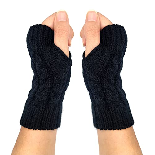Qiuyan Fashion Warm Soft Comfortable Wrist Gloves Winter Fingerless Hand Warmers Women Girls Stylish Arm Gloves Mitten Knit Crochet Arm Warmers with Thumb Hole for Work Outdoor Gifts (Black)
