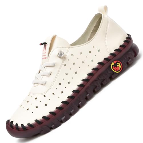 Hecho a Mano Tendón Suela Blanda Mocasines para Mujer Cómodo Piel Slip On Low Top Ergonomía Piso Zapatillas Antideslizante Transpirables Ligeras Juanetes Zapatos(J,41 EU)