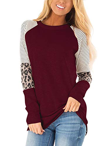 HARHAY Women's Leopard Print Color Block Tunic Round Neck Long Sleeve Shirts Striped Causal Blouses Tops Wine Red M