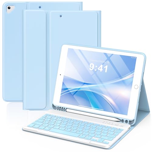 KBCASE Keyboard Case for iPad 9th/8th/7th Generation 2021/2020/2019, Compatible with iPad Air 3/Pro 10.5, Detachable Wireless Keyboard Case for iPad 10.2 inch with Pencil Holder (Light Blue)