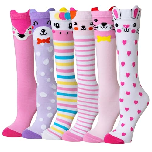 DXTON Girls Knee High Socks 6 Pairs: Kids Crazy Long Socks 3-12 years, Tall Boot Cute Animal Cotton Fun Gift Pink Purple Animal