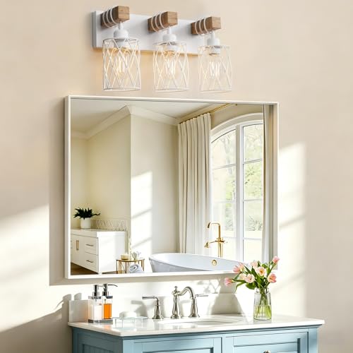 Image of IZORRO Farmhouse Bathroom Vanity Light, 3-Light Wood Bathroom Light Fixtures Over Mirror, Matte White Industrial Vanity Lights with Metal Shade, Rustic Restroom Lighting Fixtures