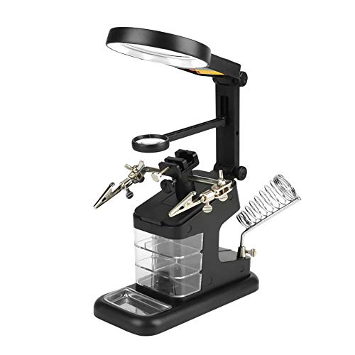 Image of Soldering Helping Hands Magnifier Station, 3X 4.5X 25X USB Electric Magnifier Soldering Holding Devices with LED Lights and Alligator Clips(Black)