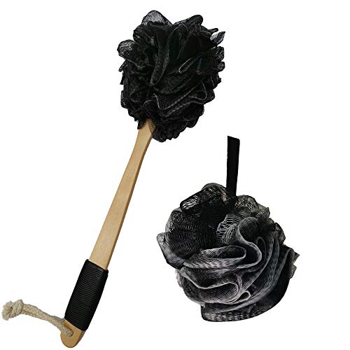 Loofah Sponge Bath Body Brush Back Scrubber with Long Wooden Handle, Handheld Luffa Pouf on a Stick for Body, Perfect for Exfoliating, Detox, Cellulite, Blood Circulation