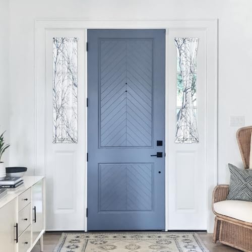 Image of FMFUNCTEX Sidelight Sheer French Door Curtains 40 Inches White, Grey and Blue Branch Tree Print Half French Door Panels for Front Doors Semi-Sheer 24 Inches Wide 2 Panels Set