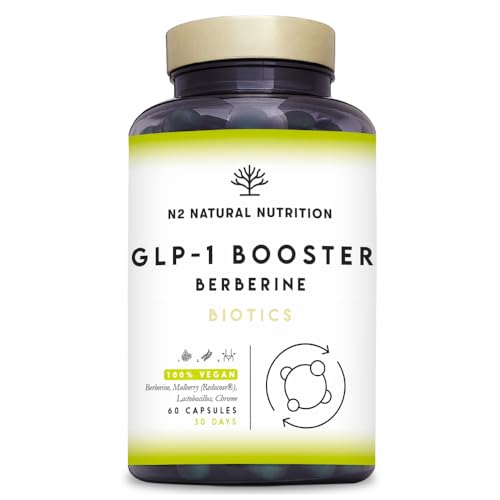 GLP-1 con Berberina 600mg. Reducose® + Probióticos. Apoya el control del apetito y los niveles de azúcar en la sangre, Estimula la Producción de GLP-1. Vegano. 60 cápsulas. N2 Natural Nutrition