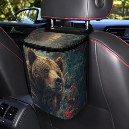 Image of Talayituse Forest Bear Print Car Trash Can Portable Auto Garbage Bin Multifunctional Vehicle Interior Accessories with Adjustable Straps Universal Fit Truck SUV Sedan