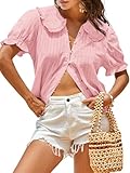 Tankaneo Womens Puff Sleeve Shirts Peter Pan Collar Button Down Cotton Blouse Casual Summer Textured Tops Light Pink