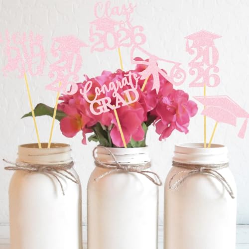 Image of Graduation Centerpiece Sticks 24PCS Glitter Grad Picks Party Table Decor Senior High School College Sign Pink