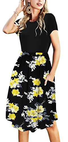 Simier Fariry Womens Summer Modest Work Casual Midi Knee Dress Pocket Short Sleeve Teacher Outfits Spring Travel Clothes, B-patchwork-black-f02, X-Large