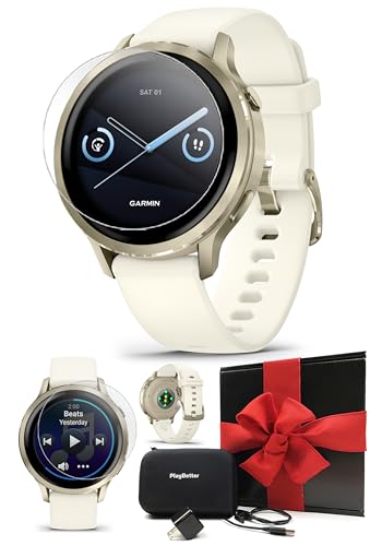 PlayBetter Garmin Venu 4 (Lunar Gold/Bone, 41mm) Fitness GPS Smartwatch Gift Box Bundle - AMOLED Display, Built-in Flashlight, Long Battery Life HD Screen Protectors, Wall Adapter & Case