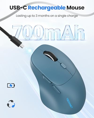 Image of TECKNET Wireless Mouse Bluetooth 5.0 /3.0 & 2.4G Rechargeable, Silent Clicks, Adjustable 4800 DPI, 6 Buttons, Ergonomic Design, Bluetooth Mouse for Laptop, Computer, ipad - Blue