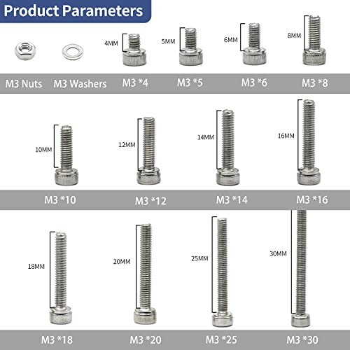 1280 Pcs for M3 Stainless Steel 304 Hexagon Heads Cap Screws Bolts Nuts Washers Assortment Kit(M3 1280Pcs) - Image 4