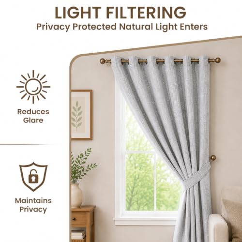 Image of Premium Faux Linen Curtain with Eyelets & Tie-Back | Modern Textured Light Filtering Door & Window Curtain for Home & Office | Washable, Durable & Easy to Maintain | Dark Grey, Door - 7 ft