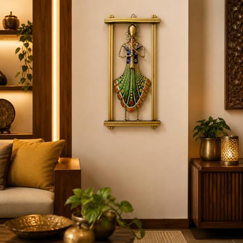 Image of iHandikart Handmade Metal Wall Art with Flute Player Design | Traditional Indian Musician Wall Hanging Decor | Hand-Painted Iron Wall Sculpture for Living Room & Bedroom Decoration | 13 x 7 Inch