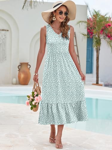 Image of AUSELILY Womens Summer Maxi Dress Casual Sleeveless V Neck Floral Dresses | A line shape with practical side pockets, Vacation dress for resort walks, Pair with low heels and simple jewelry