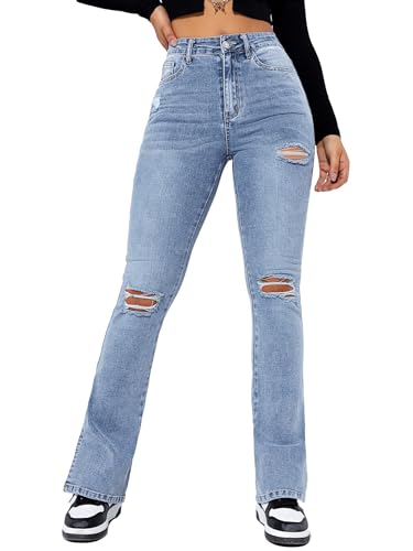 Floerns Women's Flare Leg Ripped Frayed Split Hem High Waist Denim Jeans