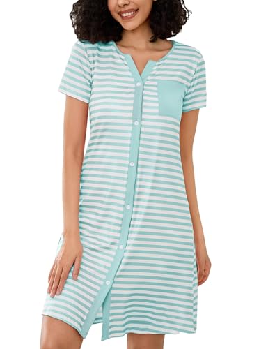 Marvmys Camisón de Algodón para Mujer Camisones Manga Corta a Rayas Ropa de Dormir con Abertura de Botones Vestido Elegante Casual para Otoño Invierno Primavera Verano S-XXL