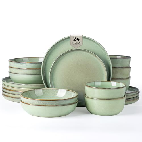 Image of GBHOME 24 Pieces Double Bowls Dinnerware Sets for 6, Stoneware Plates and Bowls Set with Reactive Glaze, Scratch Resistant Stoneware Dishes Set, Dishwasher & Microwave Safe