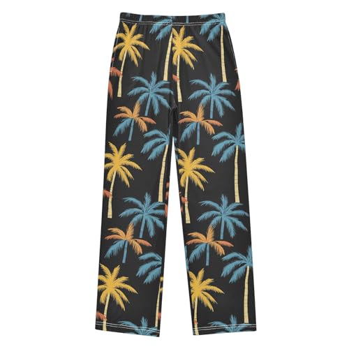 Pajama Pants Lounge Sleep PJ Bottoms Sleepwear Elastic Waist Drawstring S Palm Trees Black