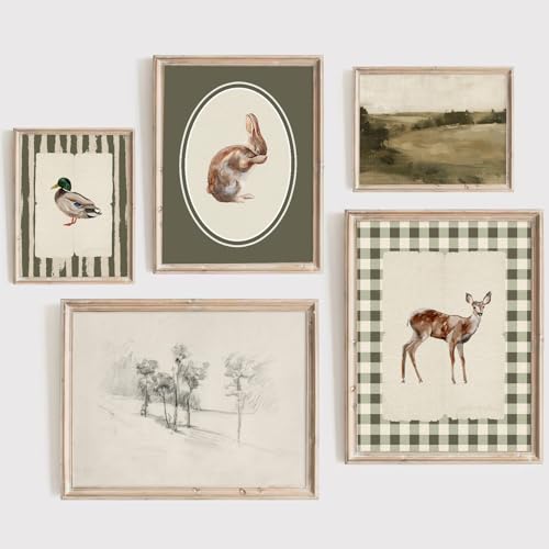Vintage Nursery Wall Art Kids Canvas Poster Baby Boy Room Wall Decor Green Rabbit Wall Art Bunny Bird Prints Deer Picture Farmhouse Painting Nursery Artwork for Bedroom 8×10 Inch Unframed Set of 5