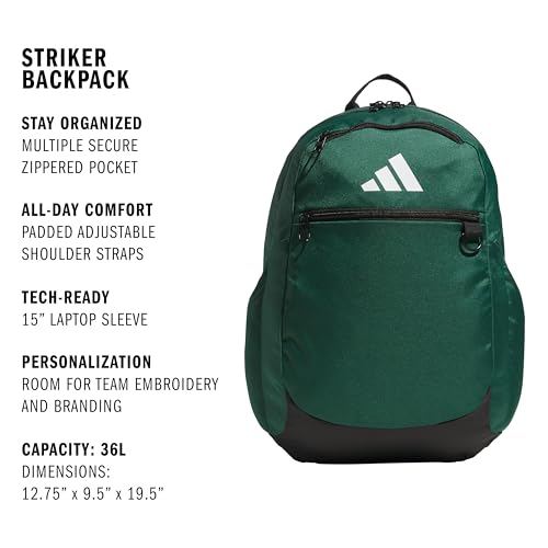 Image of adidas Striker 3 Team Sports Backpack - Daypack for Sports Gym Travel, 36L, Dark Green, OSFA