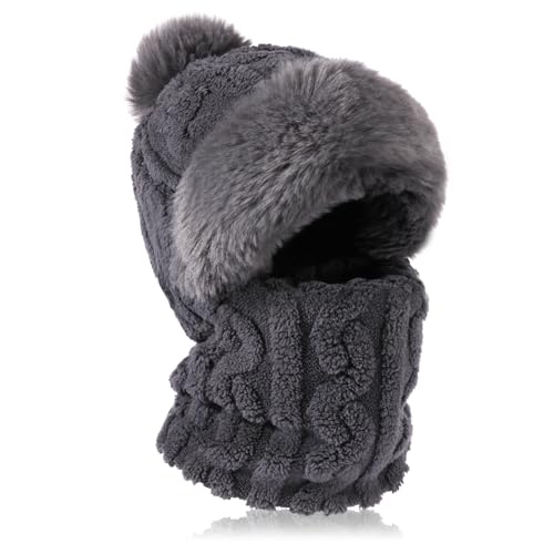TAGVO Damen Thermo Wintermütze, Flexible Strickmütze mit Haarball, 3 in 1 Warm Strickmütze & Halswärmer Sets, Sturmhaube Gesichtsmaske mit Weichem Fleece Innenfutter für...