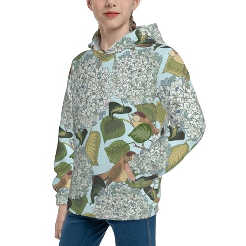 Hydrangea and Small Bird Kid Hoodies Boys Sweatshirts Girls Pullover with Pocket2