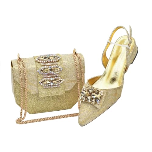 Women's Party Shoes and Bags Wedding Bag and Shoe Set Decorated with Low Heel Pumps Gold