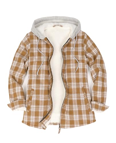 ZENTHACE Warm Sherpa Lined Flannel Shirts Jacket Women Zipper Hooded