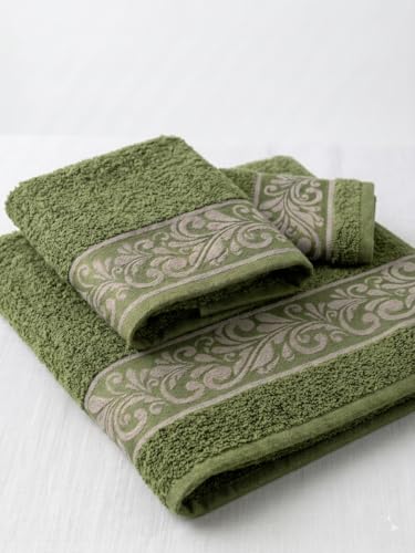 Juego de Toallas 3 Piezas 100% Algodón 450 g/m² Precio Pomoción Toallas Tocador, Lavabo y Sábana Muy Suaves, Super Absorbentes Y Elegantes (Verde Musgo)