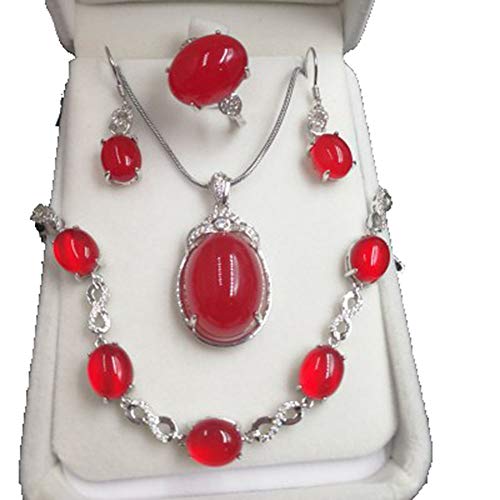 Parure calcédoine et agate verte en argent 925 avec bague, pendentif et boucles d'oreilles