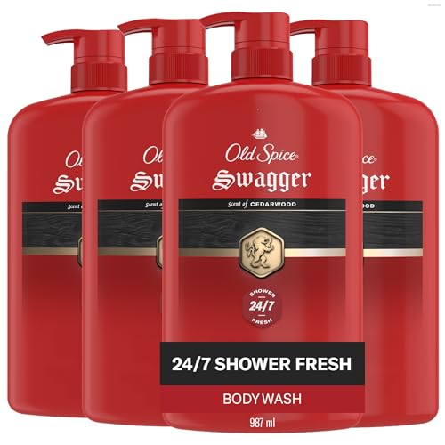 Image of Old Spice Body Wash for Men, 24 /7 Shower Fresh with Long Lasting Scent, Refreshing 3X Defense, Red Collection, Swagger with Cedarwood Scent, 33.4 oz (Pack of 4)