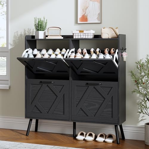 Image of Nicetree Shoe Cabinet with 4 Flip Drawers, Hidden Shoe Rack Cabinet with Metal Legs, Farmhouse Narrow Shoe Storage Cabinet for Entryway, Foyer, Hallway, Black