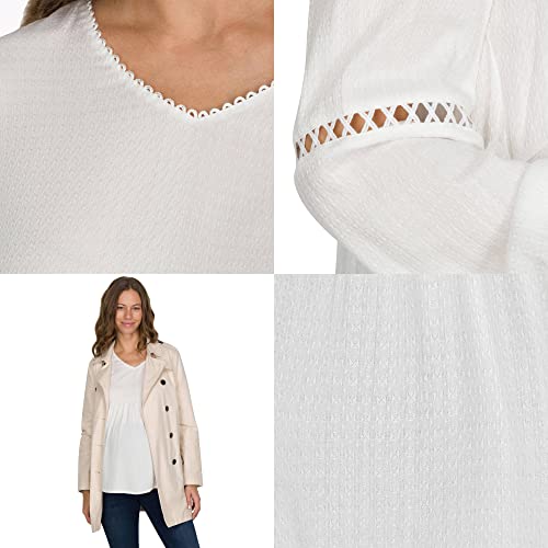 Crochet Trim Long Sleeve Maternity Top With Lightweight Textured Fabric - Long Sleeve Maternity Blouse For Work Or Casual Shell White #TOP2
