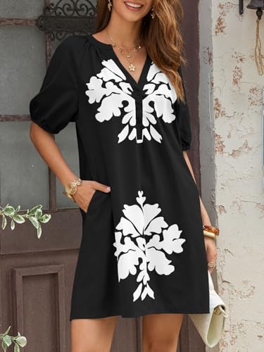 Image of Wenrine Womens Puff Short Sleeve Mini Dress Summer Floral Print Button V Neck Loose Casual Shift Dresses with Pockets