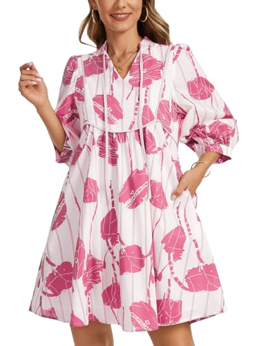 Image of EZAPINE Women Floral Babydoll Mini Dress V Neck 3 /4 Puff Sleeves A Line Flowy Swing Summer Sun Dresses