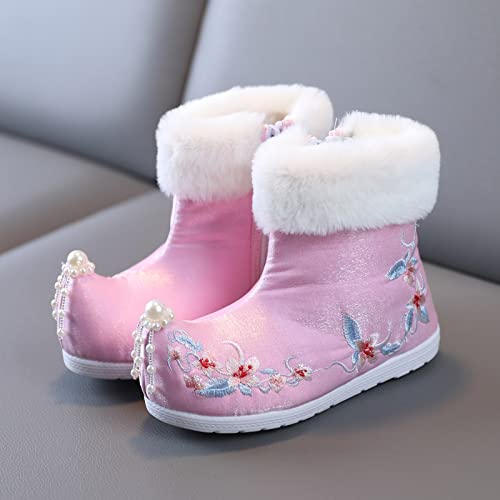 Girl Boots Toddler Gilrs Rubber Sole Warm Winter Snow Boots Embroidery Print Cloth Boots (Pink, 11-11.5 Years Big Kids)3