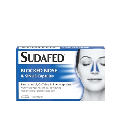 Sudafed Blocked Nose and Sinus Capsules (1x16 Capsules) Unblocks Nose to Ease Breathing Pressure and Pain Sinus Relief Decongestant with Phenylephrine Hydrochloride Caffeine and Paracetamol
