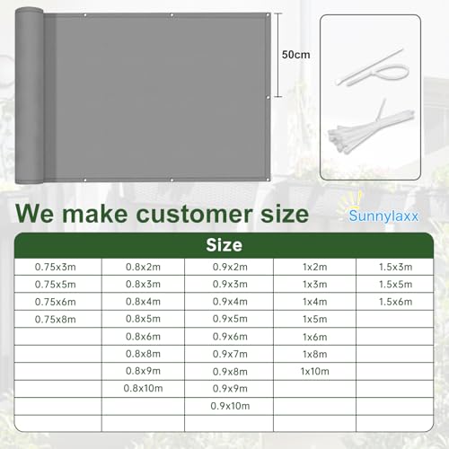 Image of Sunnylaxx Balcony Privacy Screen for Protection 100 x 1000 cm, Privacy Screen, Fence for Balcony Balcony PES for Balcony Garden Terrace, with Eyelets and Strap, Grey
