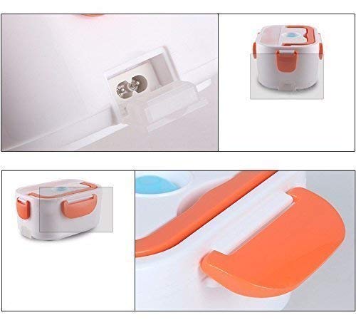 Image of Portable Electric Food Warmer Lunch Box in White and Orange with compartments and Heating Indicators for Convenient hot Meals on the go.