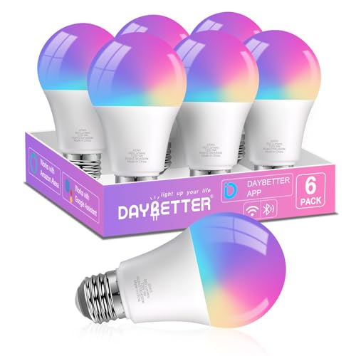 DAYBETTER Smart Light Bulbs, RGBCW Color Changing Smart Bulb Compatible with Alexa & Google Home,Preset Scene, Music Sync, A19 E26 2.4G WiFi Bluetooth Dimmable LED Bulbs, 60W Equivalent, 800LM, 6 Pack