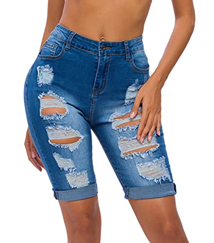 olrain Womens High Waist Ripped Hole Washed Distressed Short Jeans - Image 3