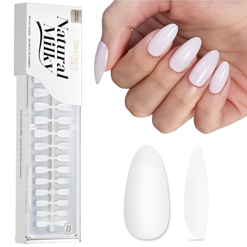 Image of Beetles Milky White Press On Nails, 160pcs Soft Gel Medium Almond Tips | 160pcs in 16 Sizes, Pre-Colored Milky White Tips for a Natural Medium Almond DIY Manicure