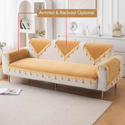 Image of HOKIPO 'Serenity Tassel' Chenille Sofa Cover 6 Seater Set with Tassels - Washable 3+2+1 Sofa Cover Mat | Sunlit Amber (IN-890 + IN-891 + IN-892 - GLD)