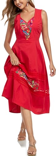 YZXDORWJ Women's Mexican Dress Floral Embroidered Casual Lace Ruffle Maxi Dress