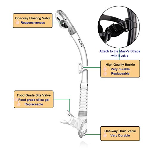 WACOOL Adults Snorkeling Snorkel Diving Scuba Package Set with Anti-Fog Coated Glass Purge Valve and Anti-Splash Silicon Mouth Piece for Men Women (Silver)