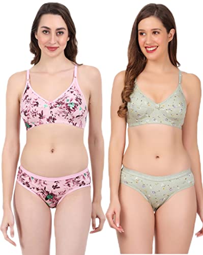 Image of Women Non Padded Wirefree Pure Cotton Printed Multicolor Bra & Penty Set 2 Pack Combo