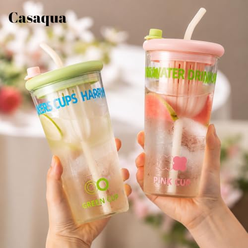 Image of Glass Tumbler with Straw & Silicone Lid - 450ml, Set of 1, Reusable Drinking Cup with Built-in Fruit Infuser, Leakproof Water Cup for Juice, Milk & Smoothies, Clear Glass Travel Mug