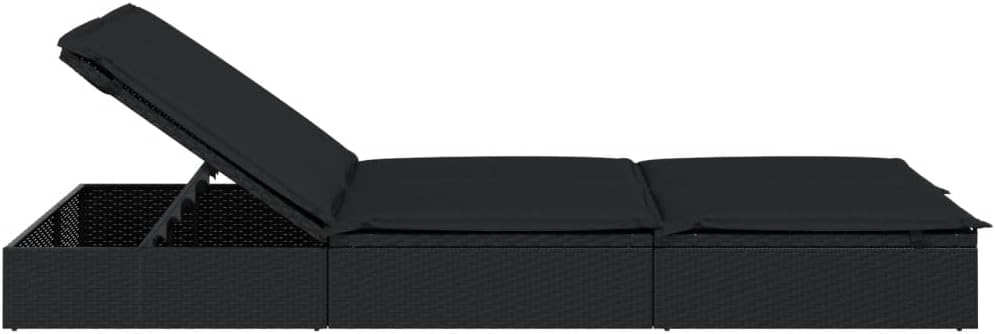 Double Outdoor Chaise Lounge Black PE Rattan 43.3 x 79.1 in Adjustable Backrest Weatherproof Cushions for Patio Poolside Garden Terrace